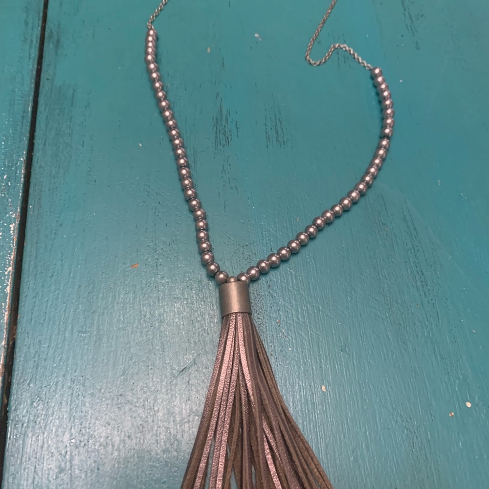 Gray/silver beaded tassel necklace